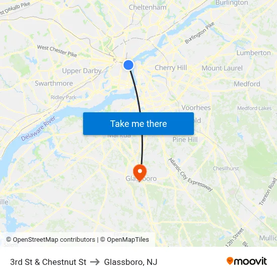 3rd St & Chestnut St to Glassboro, NJ map
