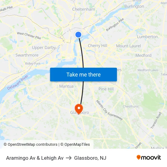 Aramingo Av & Lehigh Av to Glassboro, NJ map