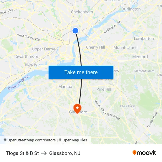 Tioga St & B St to Glassboro, NJ map