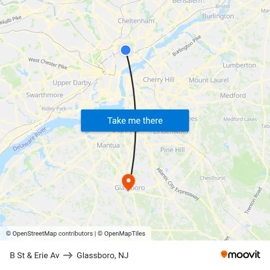B St & Erie Av to Glassboro, NJ map