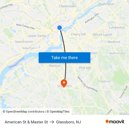 American St & Master St to Glassboro, NJ map