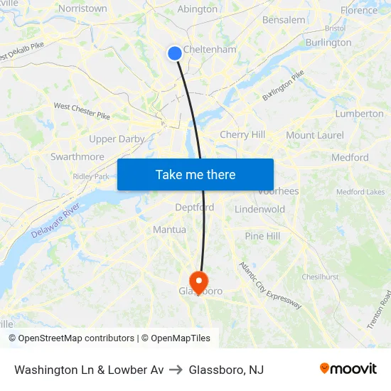Washington Ln & Lowber Av to Glassboro, NJ map