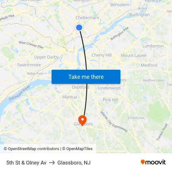 5th St & Olney Av to Glassboro, NJ map