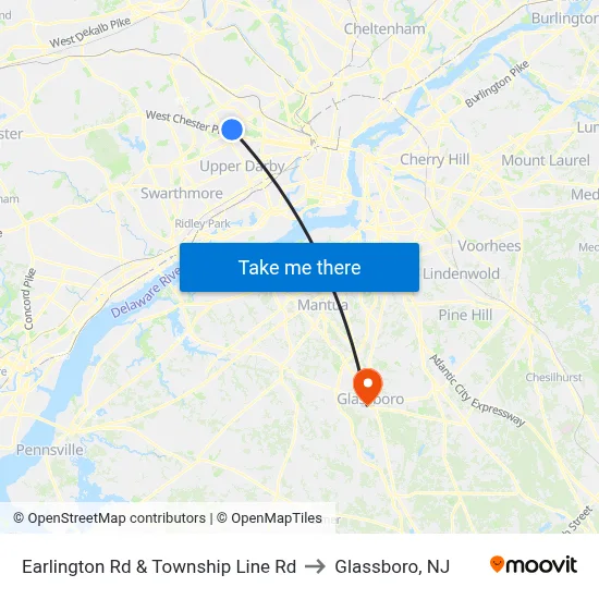 Earlington Rd & Township Line Rd to Glassboro, NJ map