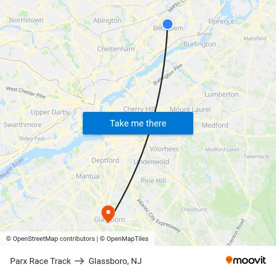 Parx Race Track to Glassboro, NJ map
