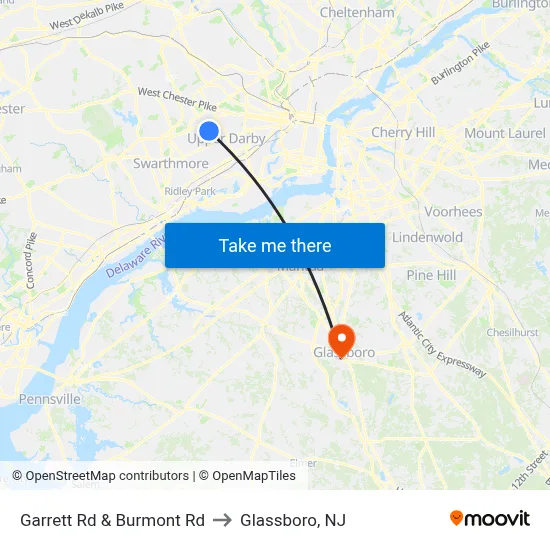 Garrett Rd & Burmont Rd to Glassboro, NJ map