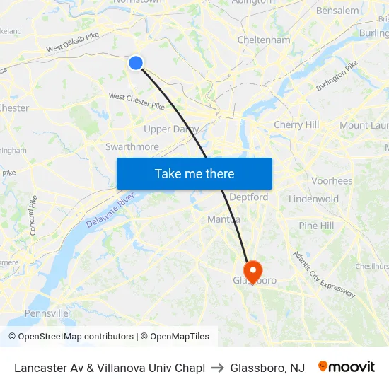 Lancaster Av & Villanova Univ Chapl to Glassboro, NJ map