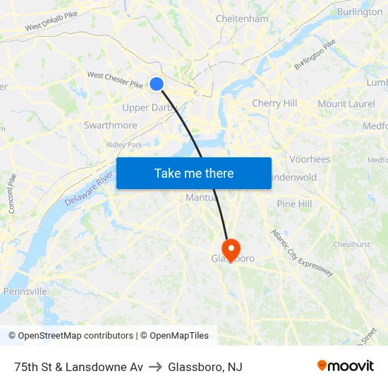 75th St & Lansdowne Av to Glassboro, NJ map