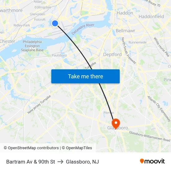Bartram Av & 90th St to Glassboro, NJ map
