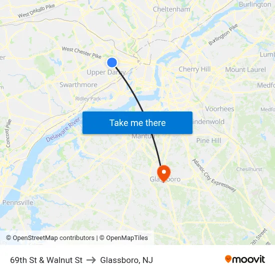 69th St & Walnut St to Glassboro, NJ map