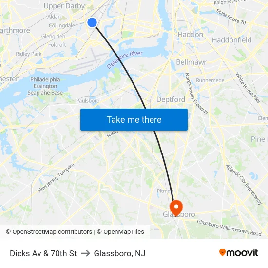 Dicks Av & 70th St to Glassboro, NJ map