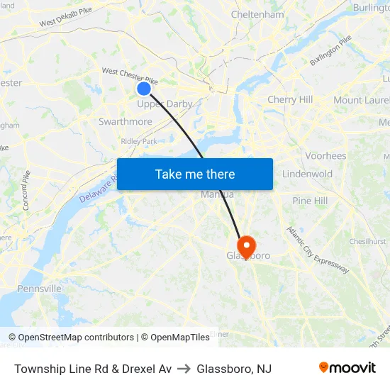 Township Line Rd & Drexel Av to Glassboro, NJ map