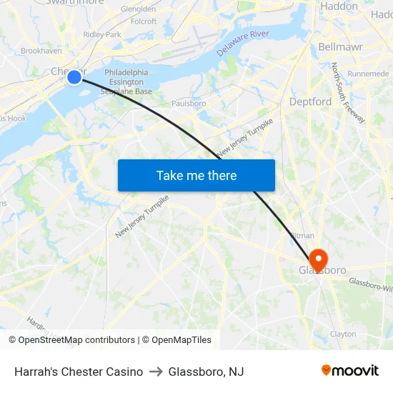 Harrah's Chester Casino to Glassboro, NJ map