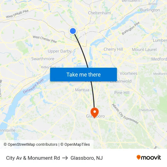 City Av & Monument Rd to Glassboro, NJ map