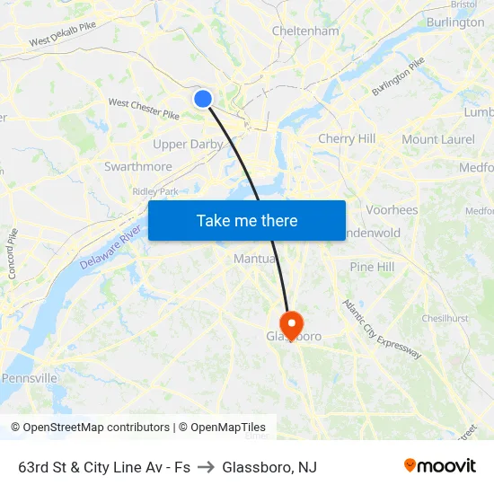 63rd St & City Line Av - Fs to Glassboro, NJ map