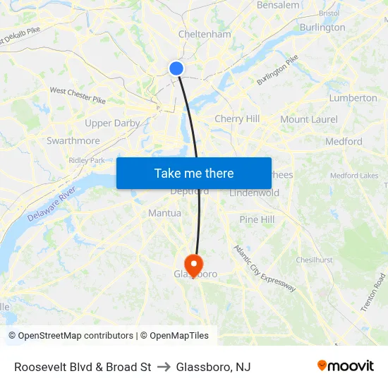 Roosevelt Blvd & Broad St to Glassboro, NJ map
