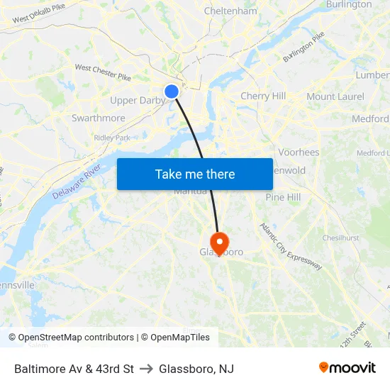 Baltimore Av & 43rd St to Glassboro, NJ map