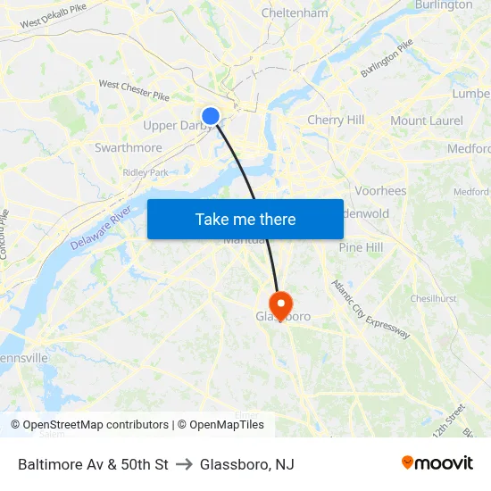 Baltimore Av & 50th St to Glassboro, NJ map