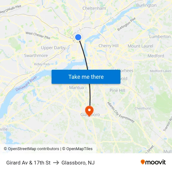 Girard Av & 17th St to Glassboro, NJ map
