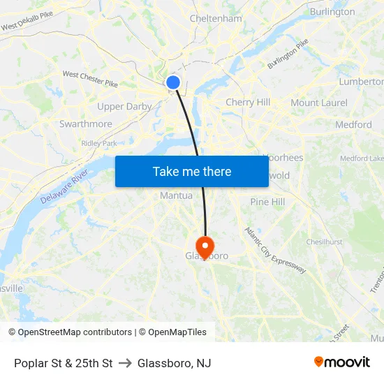 Poplar St & 25th St to Glassboro, NJ map