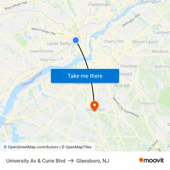 University Av & Curie Blvd to Glassboro, NJ map