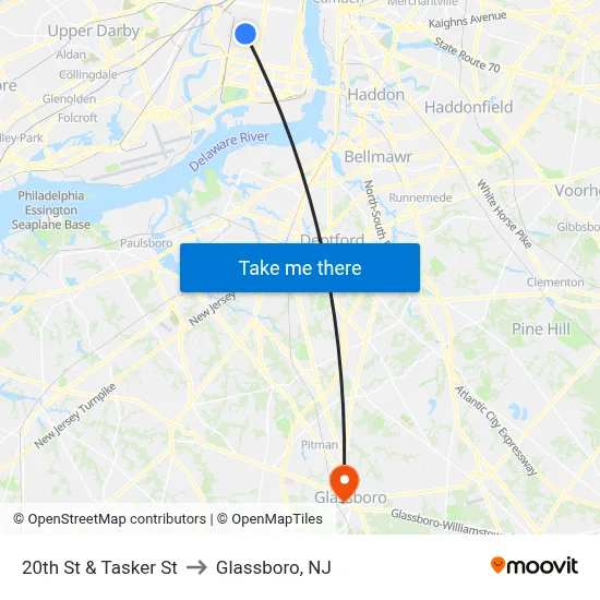 20th St & Tasker St to Glassboro, NJ map