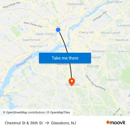 Chestnut St & 36th St to Glassboro, NJ map