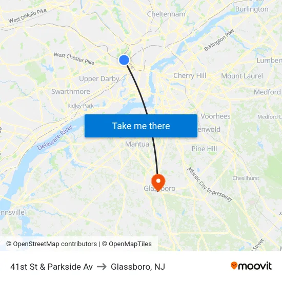 41st St & Parkside Av to Glassboro, NJ map
