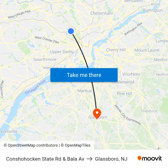 Conshohocken State Rd & Bala Av to Glassboro, NJ map