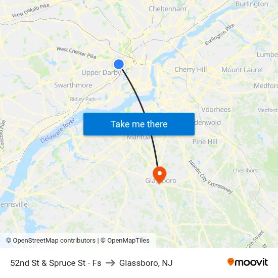 52nd St & Spruce St - Fs to Glassboro, NJ map