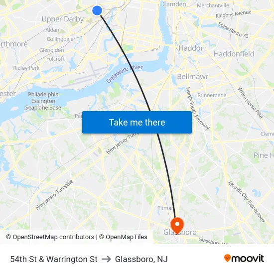 54th St & Warrington St to Glassboro, NJ map
