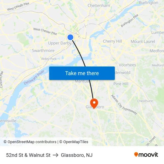 52nd St & Walnut St to Glassboro, NJ map