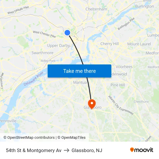 54th St & Montgomery Av to Glassboro, NJ map