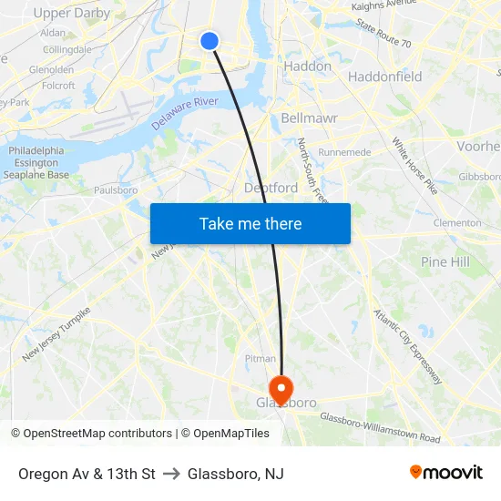 Oregon Av & 13th St to Glassboro, NJ map