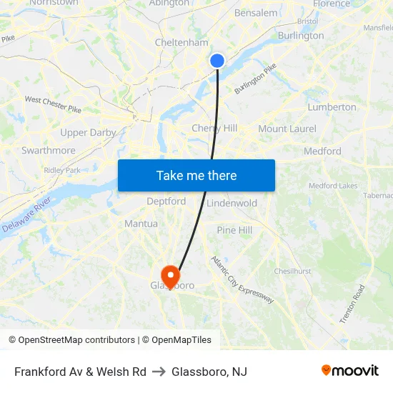 Frankford Av & Welsh Rd to Glassboro, NJ map