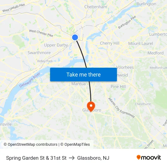 Spring Garden St & 31st St to Glassboro, NJ map