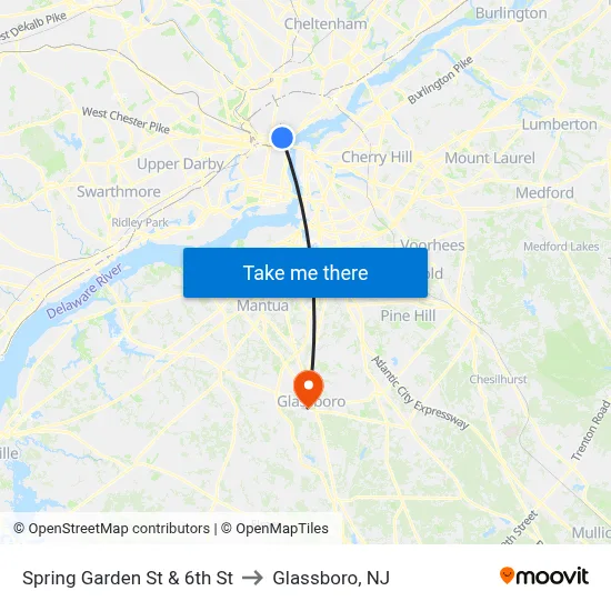 Spring Garden St & 6th St to Glassboro, NJ map