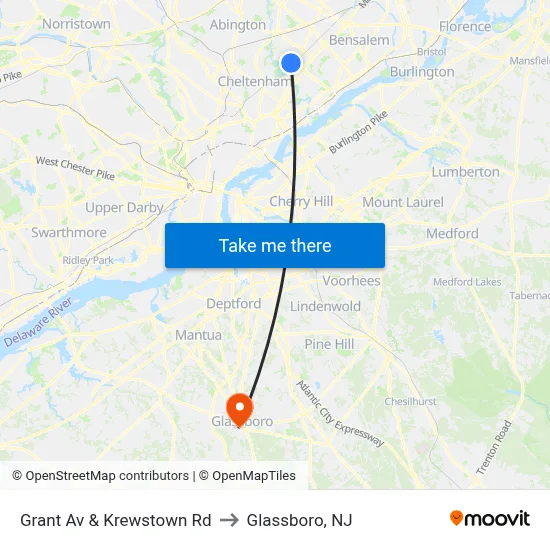 Grant Av & Krewstown Rd to Glassboro, NJ map