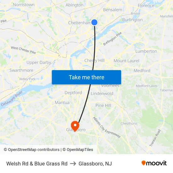 Welsh Rd & Blue Grass Rd to Glassboro, NJ map