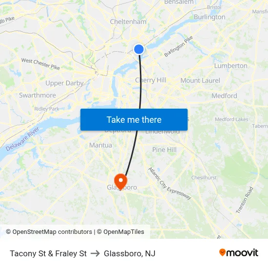 Tacony St & Fraley St to Glassboro, NJ map