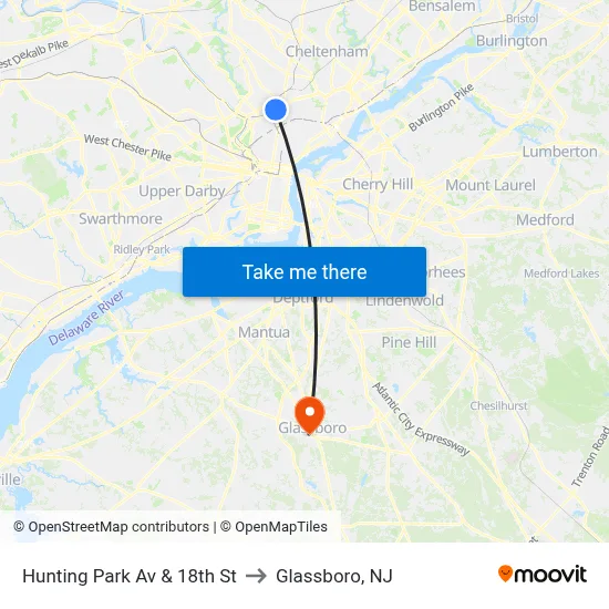 Hunting Park Av & 18th St to Glassboro, NJ map