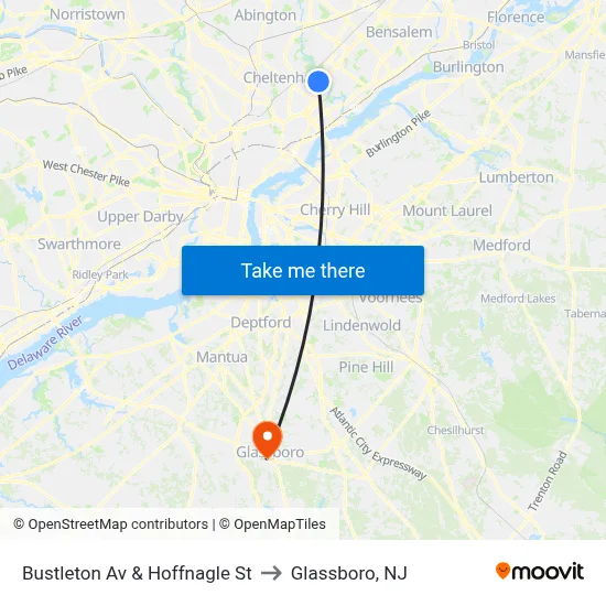 Bustleton Av & Hoffnagle St to Glassboro, NJ map