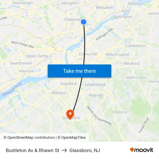 Bustleton Av & Rhawn St to Glassboro, NJ map