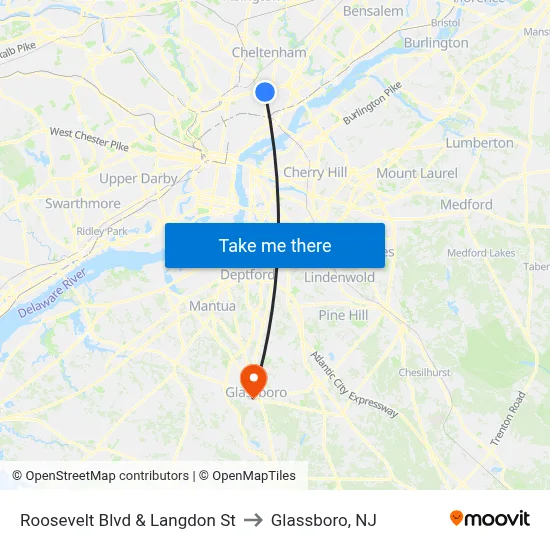 Roosevelt Blvd & Langdon St to Glassboro, NJ map