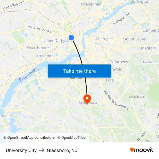 University City to Glassboro, NJ map