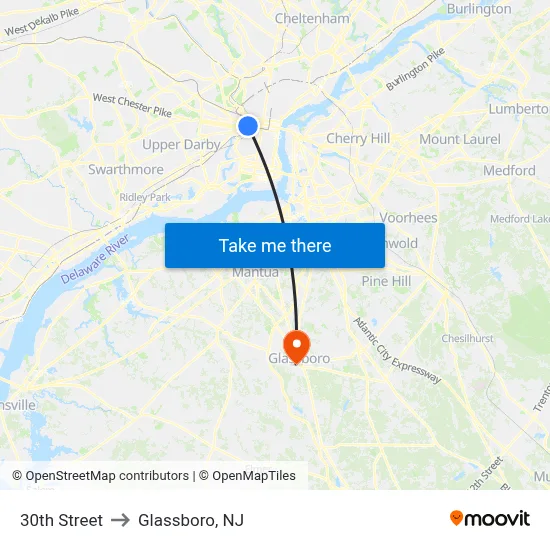 30th Street to Glassboro, NJ map