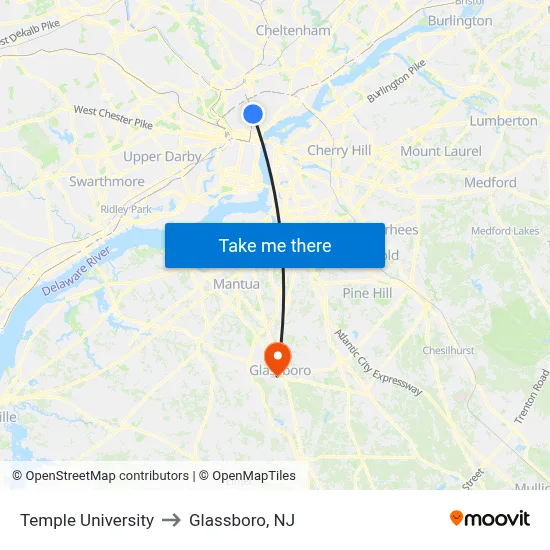 Temple University to Glassboro, NJ map