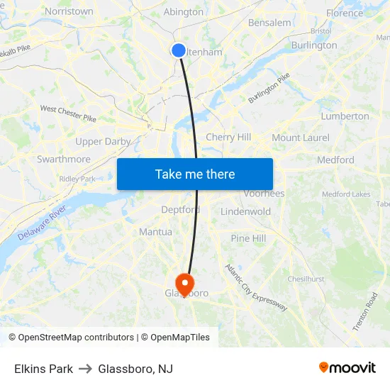 Elkins Park to Glassboro, NJ map