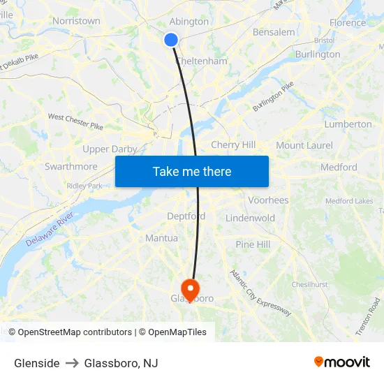 Glenside to Glassboro, NJ map