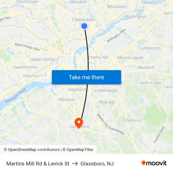 Martins Mill Rd & Levick St to Glassboro, NJ map